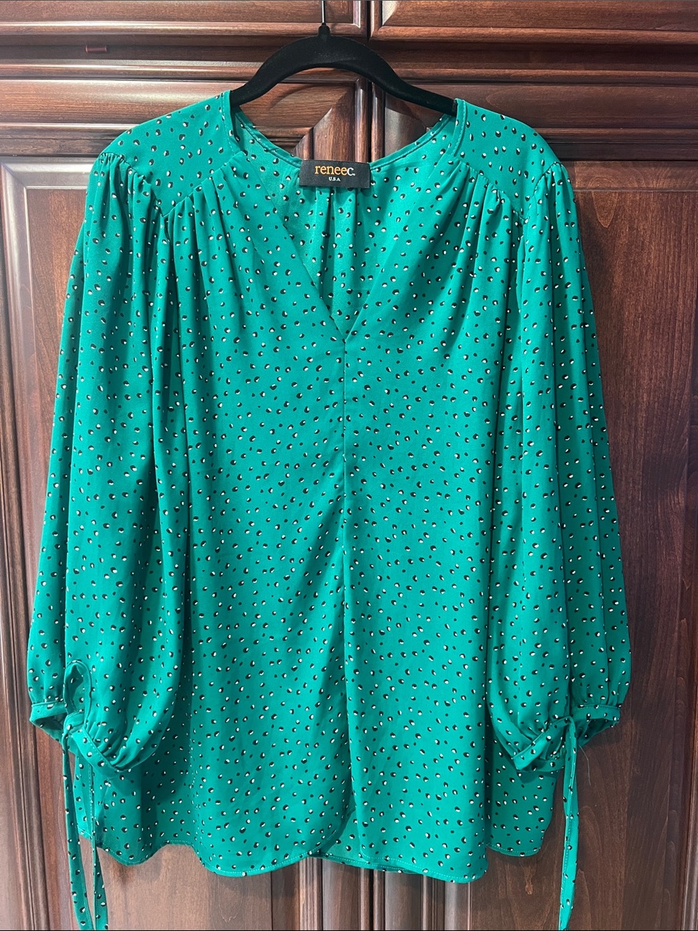 Renee C. Teal Green V-Neck Long Sleeve Tie Cuff Blouse
